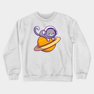 Cute Astronaut Cat Lying On Planet Crewneck Sweatshirt